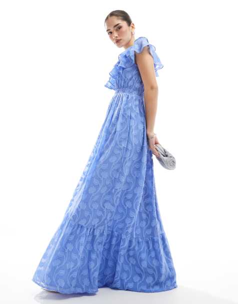 Lovedrobe Ruffle v neck floral burn out maxi dress in light blue - view 1
