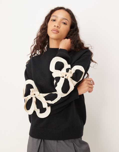 Lovedrobe Satin applique long sleeve jumper in black - view 1