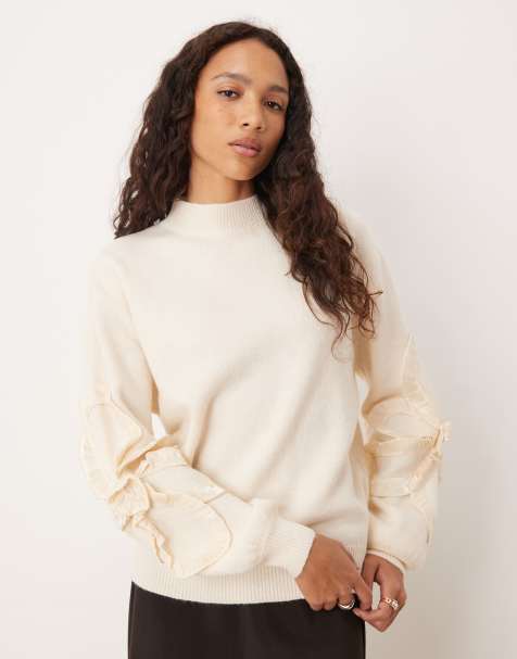 Lovedrobe Satin applique long sleeve jumper in cream - view 1