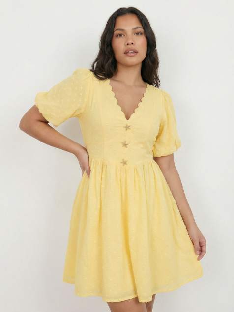 Lovedrobe Scalloped v neck starfish button mini dress in lemon