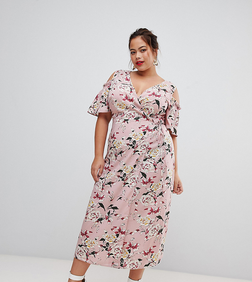 Lovedrobe - Schouderloze midi-jurk met roze bloemenprint-Multi