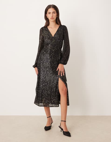 Lovedrobe Sequin faux wrap long sleeve midi dress in black