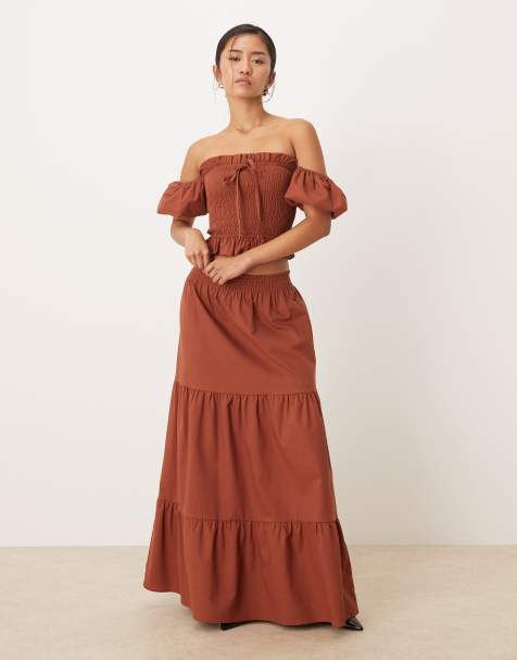 Lovedrobe Shirred waist tiered maxi skirt co-ord in mocha