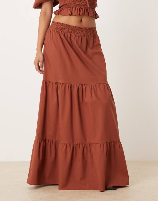 Lovedrobe Shirred waist tiered maxi skirt co-ord in mocha, 2 of 5