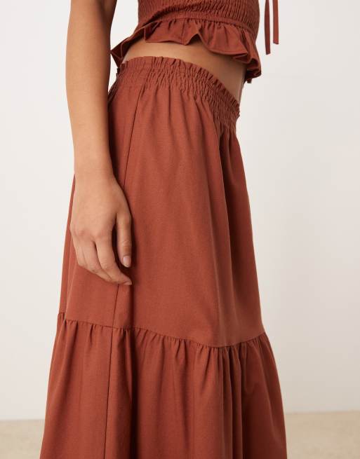 Lovedrobe Shirred waist tiered maxi skirt co-ord in mocha, 3 of 5