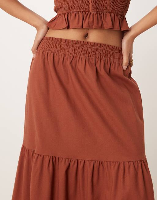 Lovedrobe Shirred waist tiered maxi skirt co-ord in mocha, 5 of 5