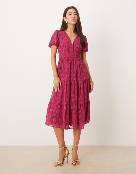 Lovedrobe Short sleeve floral burnout midi dress in fuchsia - view 1
