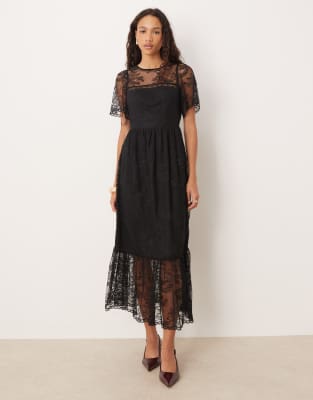 Lovedrobe Short Sleeve Lace Midi Dress In Black
