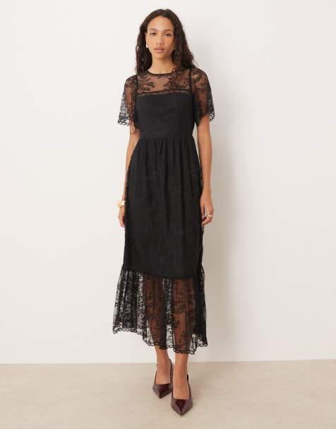 Lovedrobe Short sleeve lace midi dress in black