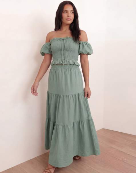 Lovedrobe Short sleeve shirred bardot top in sea green - view 1