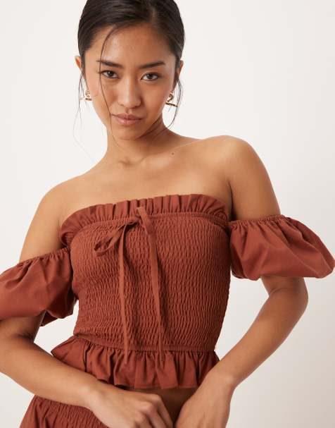 Lovedrobe Short sleeve shirred top co-ord in mocha