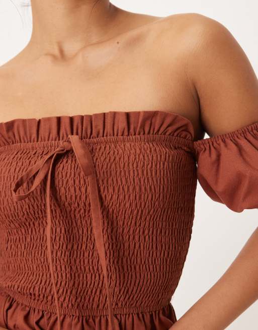 Lovedrobe Short sleeve shirred top co-ord in mocha, 4 of 4