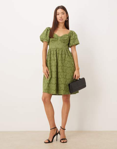 Lovedrobe Short sleeve sweetheart neck bow detail mini dress in khaki