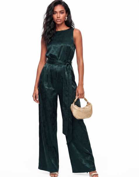 Lovedrobe Stain floral jacquard v back wide leg jumpsuit in teal - view 1