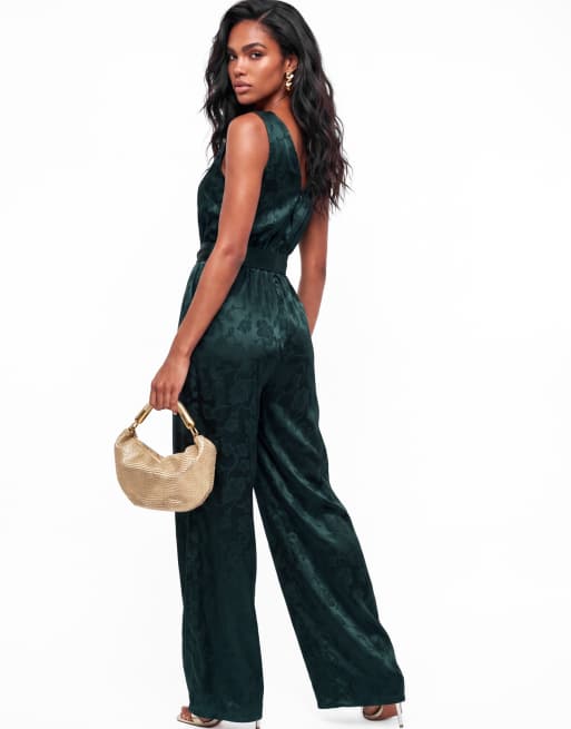 Lovedrobe Stain floral jacquard v back wide leg jumpsuit in teal, 2 of 6