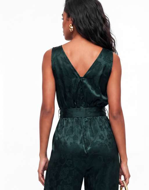 Lovedrobe Stain floral jacquard v back wide leg jumpsuit in teal, 4 of 6