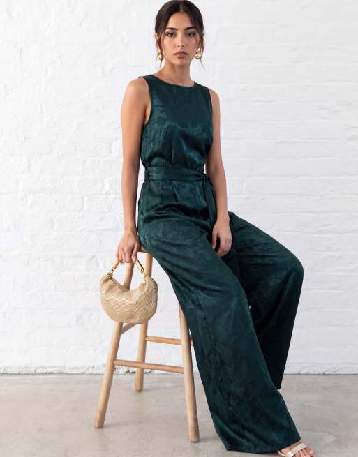 Lovedrobe Stain floral jacquard v back wide leg jumpsuit in teal, 6 of 6