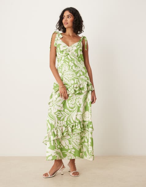 Lovedrobe Tie shoulder ruffle midaxi dress in green - view 1