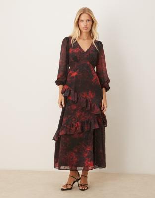 Lovedrobe V Neck Blouson Sleeve Ruffle Midaxi Dress In Red