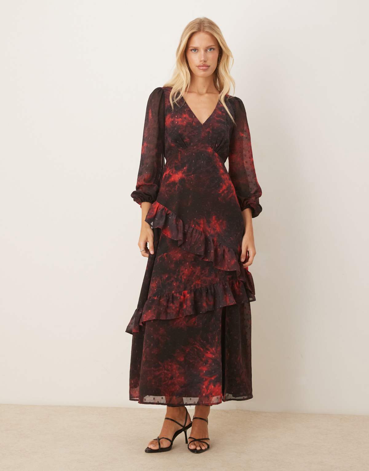 Lovedrobe V neck blouson sleeve ruffle midaxi dress in multi