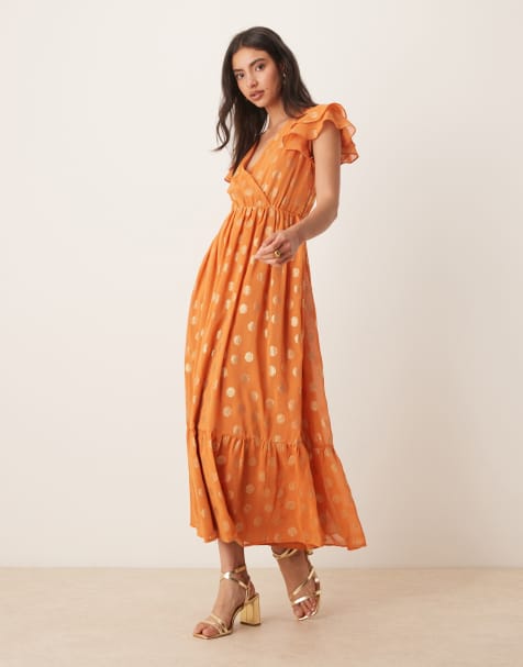 Lovedrobe V neck & flutter sleeve metallic midi dress in orange - view 1