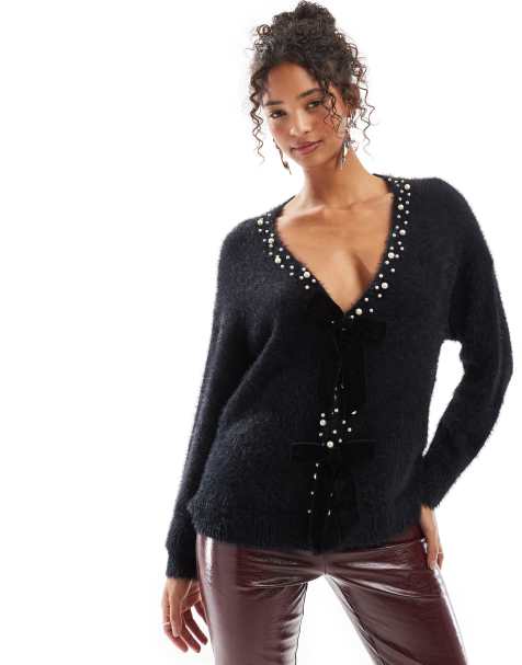 Lovedrobe Velvet bow cardigan in black - view 1