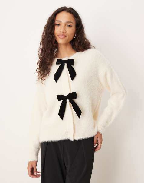 Lovedrobe Velvet bow eyelash knit cardigan in ivory - view 1