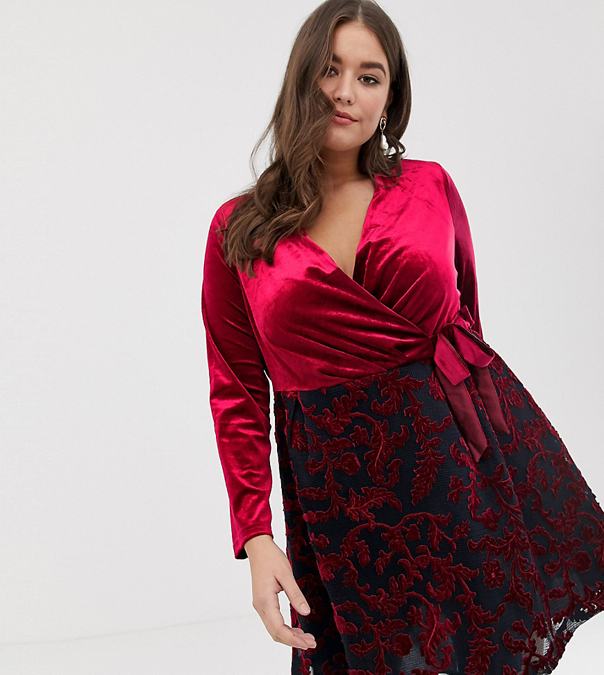 Lovedrobe velvet faux wrap dress-Red