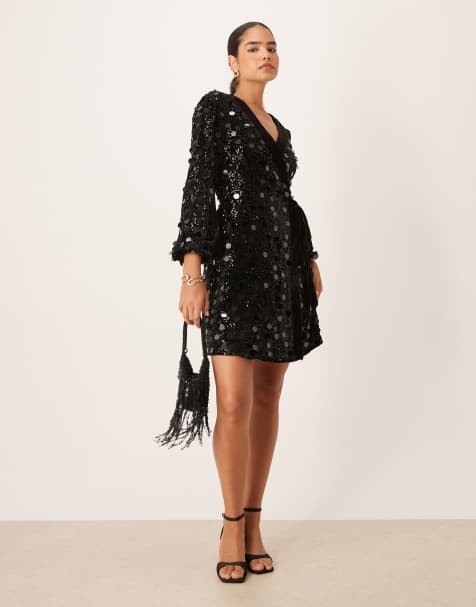 Lovedrobe Velvet trim sequin mini wrap dress in black