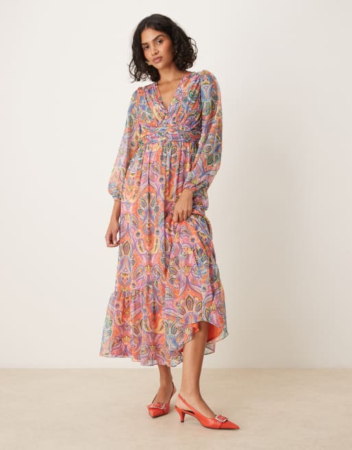 Lovedrobe - Vestito al polpaccio a maniche lunghe multicolore con motivo cachemire e scollo a V