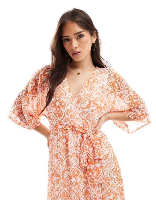Lovedrobe - Vestito al polpaccio arancione a finto portafoglio con maniche a kimono, 2 di 4