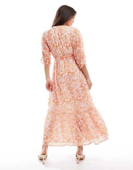 Lovedrobe - Vestito al polpaccio arancione a finto portafoglio con maniche a kimono, 4 di 4