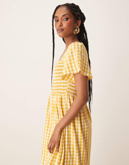Lovedrobe - Vestito con gonna al polpaccio a maniche corte giallo a quadretti con scollo quadrato, 2 di 4