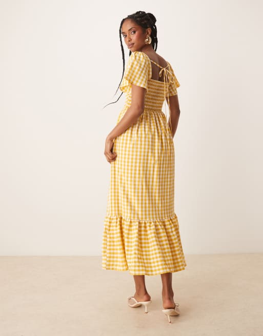 Lovedrobe - Vestito con gonna al polpaccio a maniche corte giallo a quadretti con scollo quadrato, 3 di 4