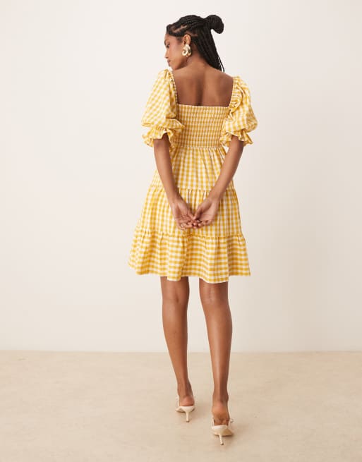 Lovedrobe - Vestito corto stile milkmaid giallo a quadretti con maniche a sbuffo, 4 di 4