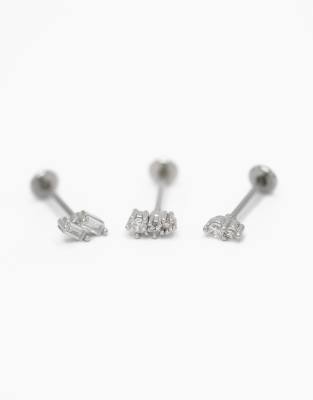 Lovisa - 3er-Pack silberfarbene Piercings aus Chirurgenstahl mit Zirkoniabesatz, doppeltem Baguette-Schliff und flacher ...
