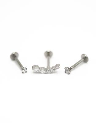 Lovisa - 3er-Pack silberfarbene Piercings aus Titan mit Zirkoniabesatz, Kugeldesign und flacher Rückseite