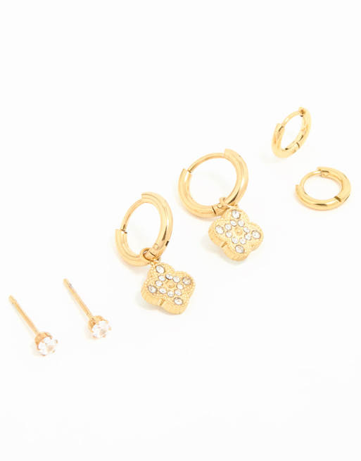 Lovisa – 3er-Pack vergoldete Creolen aus wasserfestem Edelstahl in Goldoptik mit Zirkonia und Blumenanhänger