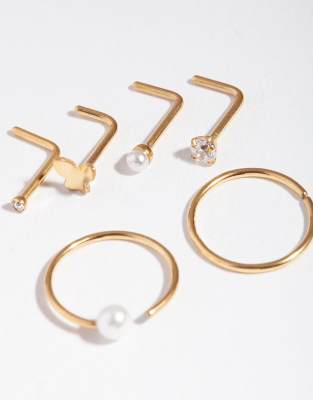 Lovisa - 6er-Pack goldfarbene Nasenpiercings in verschiedenen Designs mit Perlendetail