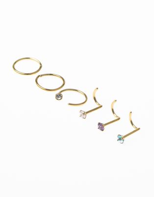 Lovisa - 6er-Pack goldfarbene Nasenstecker aus vergoldetem, Chirurgenstahl mit pastellfarbenen Strasssteinen