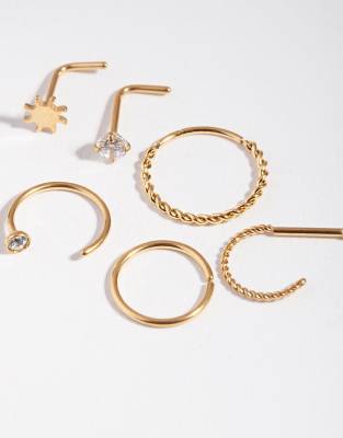Lovisa - 6er-Pack Nasenpiercings aus Chirurgenstahl in Goldoptik mit Strasssteinen sowie Sonnen- und Twist-Design-Goldfa...