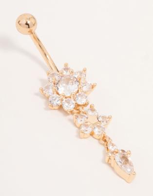 Lovisa - Barretta per ombelico in acciaio chirurgico color oro con fiori in zirconia cubica 