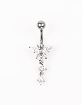 Lovisa - Bauchnabel-Piercing aus Titan in Silberoptik mit Zirkonia-Besatz in Schmetterlingsform und dreifachem Anhänger