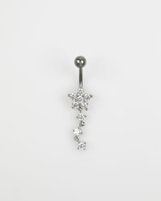 Lovisa - Bauchnabel-Piercing im Blumen-Design aus Titanium in Silberoptik mit Zirkonia-Besatz und dreifachem Anhänger