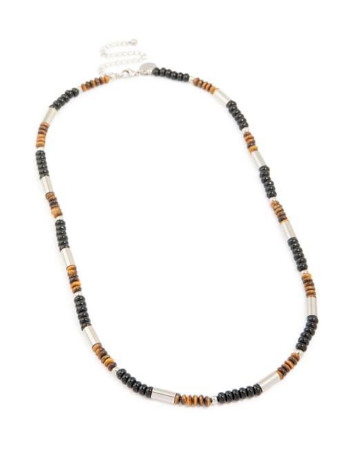Lovisa - Collana da uomo in acciaio inossidabile resistente all'acqua con occhio di tigre semipreziosa e perline nere multicolore