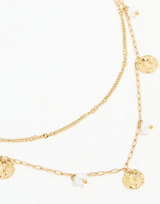 Lovisa - Collana multifilo in acciaio inossidabile placcato oro resistente all'acqua con perle e monete, 3 di 3