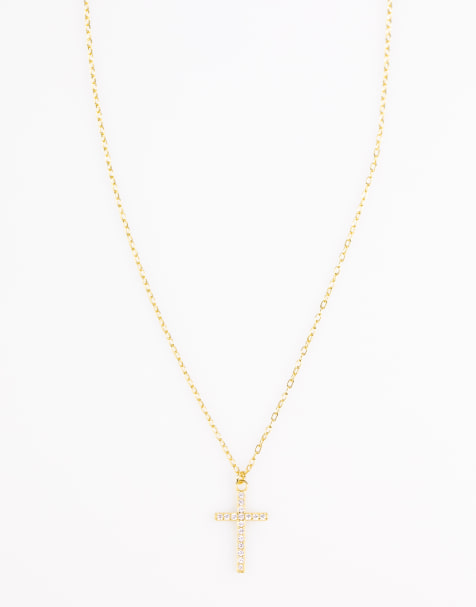 Lovisa - Collier avec pendentif croix avec strass pavés en argent massif plaqué or - Doré - view 1