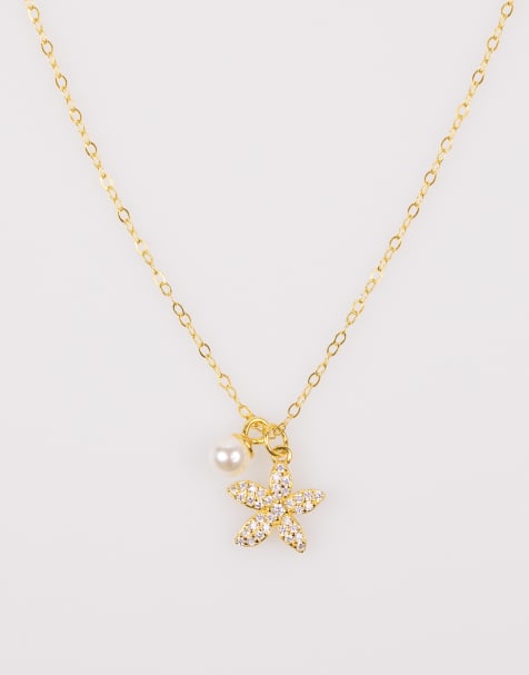 Lovisa - Collier chaîne en argent massif plaqué or avec pendentif étoile de mer et perle d'eau douce - Doré - view 1