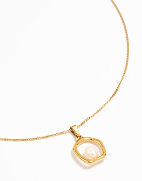 Lovisa - Collier en acier inoxydable plaqué or avec pendentif anneau effet fondu et perle d'eau douce - Doré - view 1