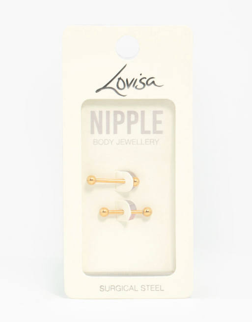 Lovisa - Confezione da 2 barrette per capezzoli a sfera in acciaio chirurgico placcato oro, 3 di 3